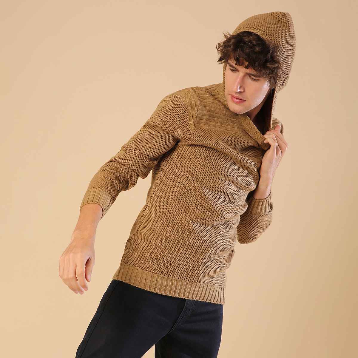 Campus Sutra Men's Hooded Sweatshirt | Beige - S