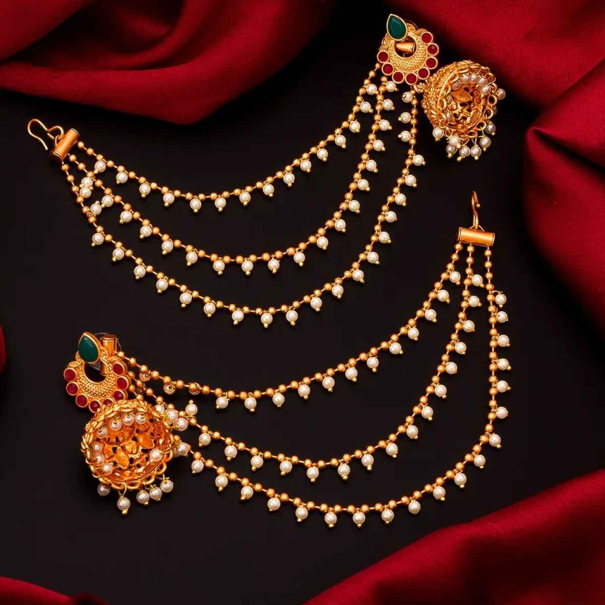 Aadita Wedding Gold Plated Antique Jhumka Earrings with Hair Chain Indian Bridal Jewelry
