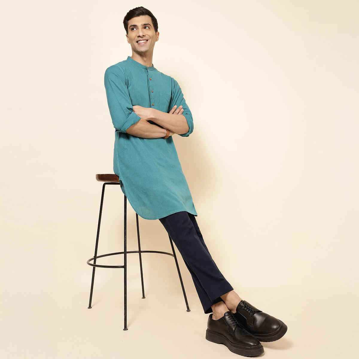 Fabindia Men's Long Kurta Cotton Blend Slim Fit | Teal - S