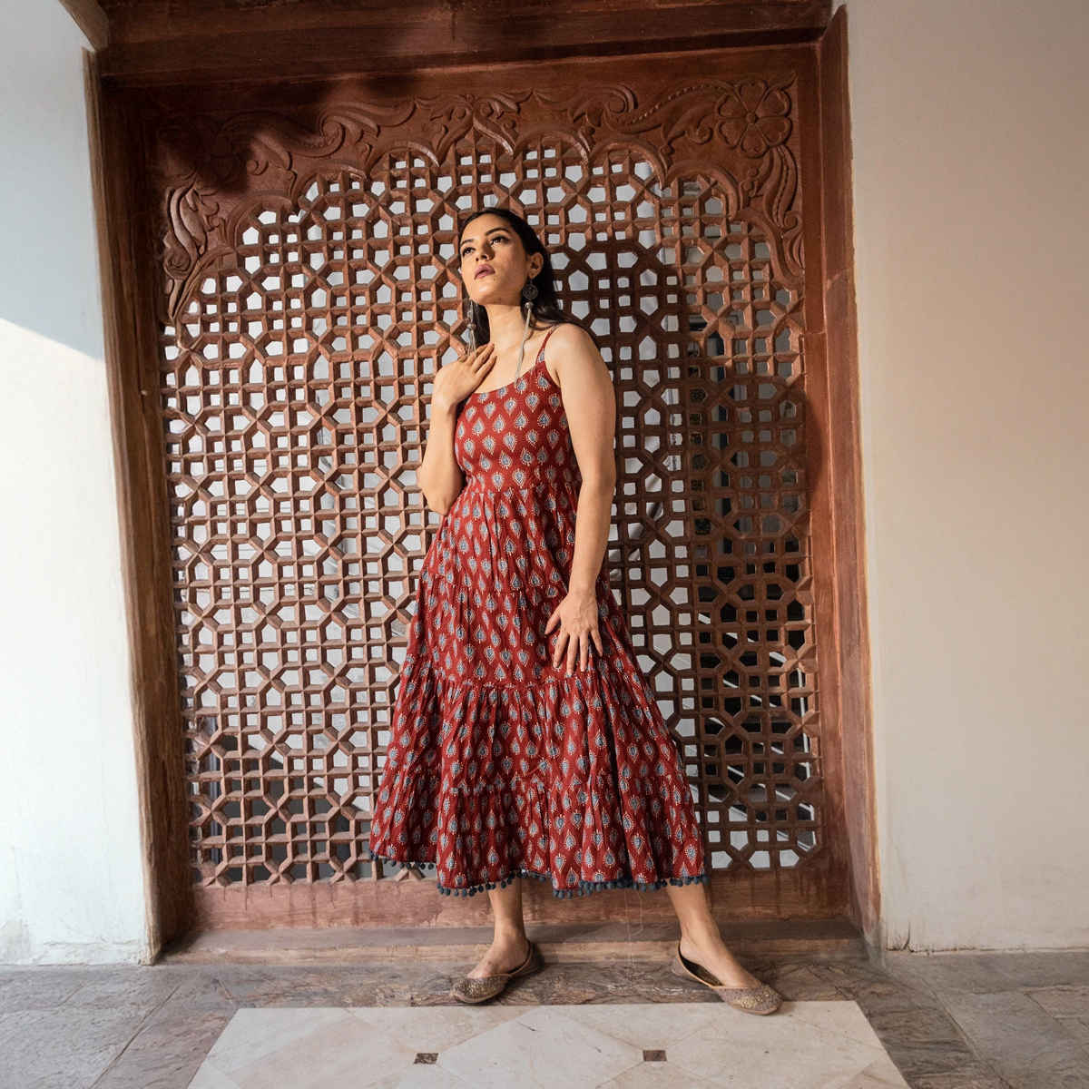 Divena Women s Maroon Buti Printed Shoulder Strip Long Dress | DK0717 | XL