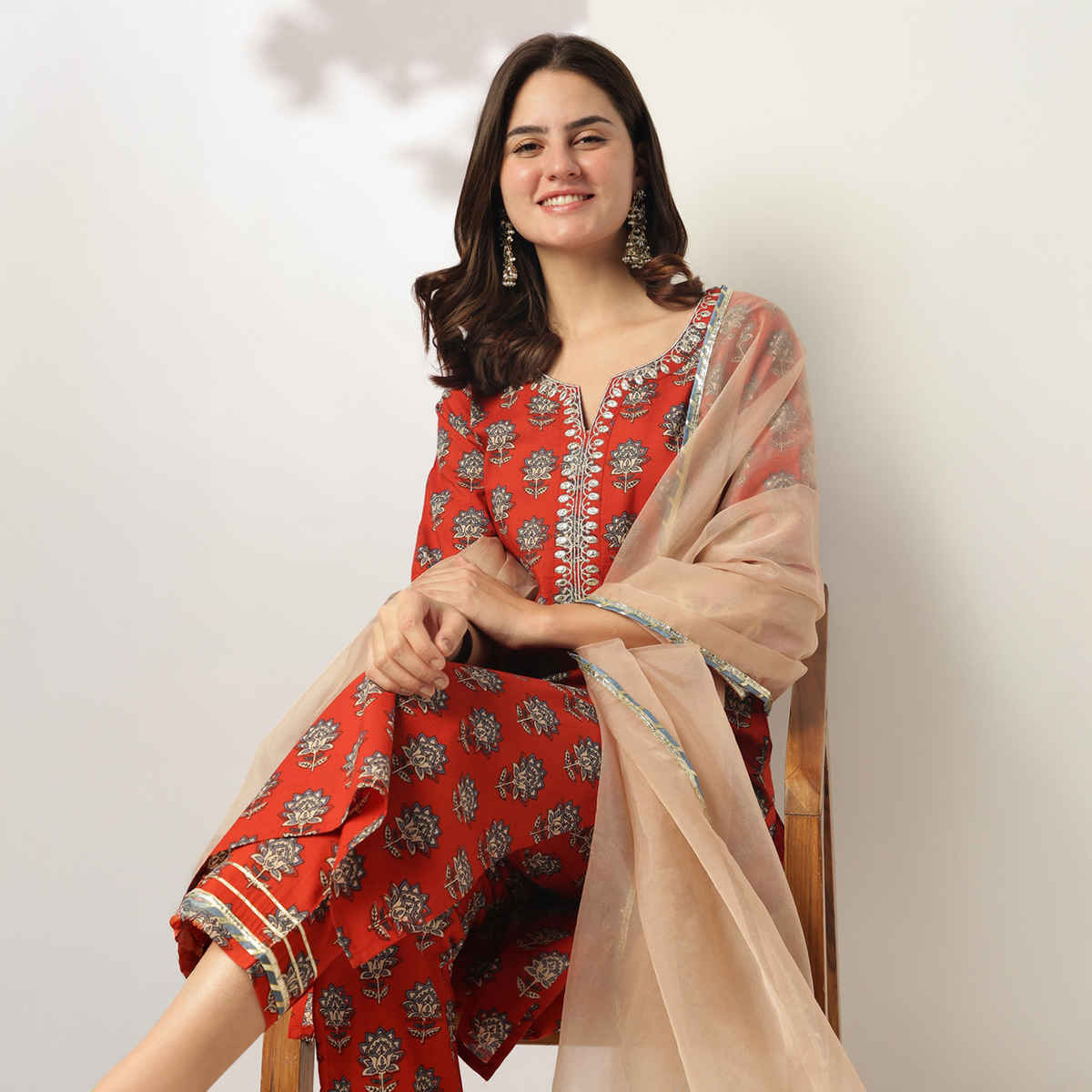 Janasya Women's Pure Cotton Floral Printed Yoke Embroidered Straight Kurta Set | Red - L