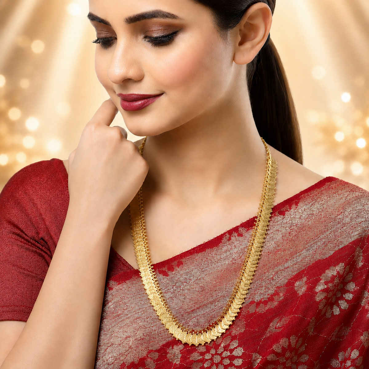 Zeneme Women's Gold-Plated South Indian Pink Lakshmi Kasu Coin Temple Necklace