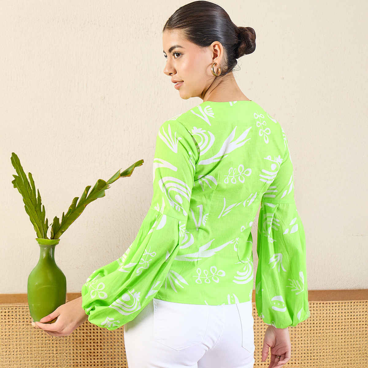 Uptownie Women's Printed Cotton Shirt with Balloon Sleeves | Green - L