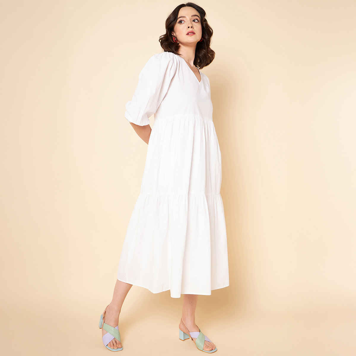 High Star Women's Puff Sleeves Tiered Pure Cotton Fit & Flare Midi Dress | White - L