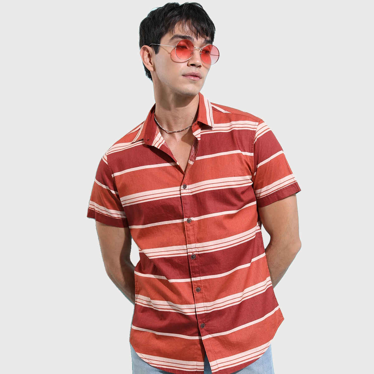 Ketch Men Horizontal Striped Spread Collar Cotton Slim Fit Casual Shirt | Brown | S