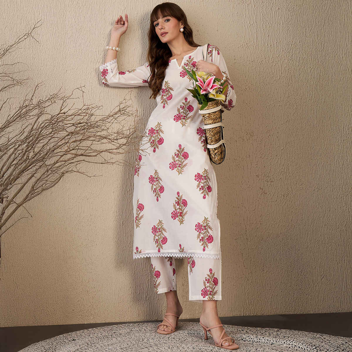 INDO ERA Women's Printed Straight Kurta Pant Set | KS0WH10041 | White - XL