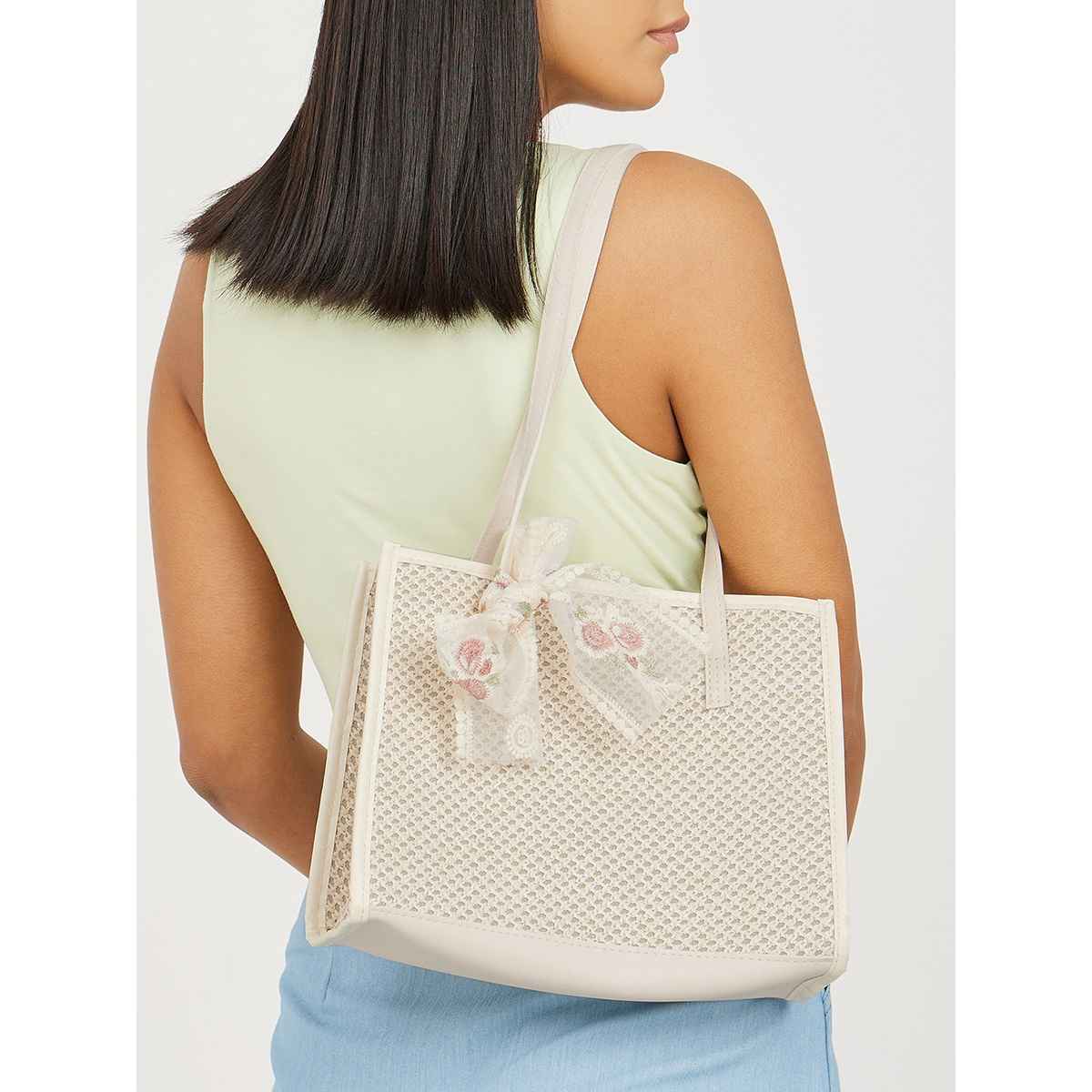 Styli Women Floral Ribbon Patch Bag White - Free Size