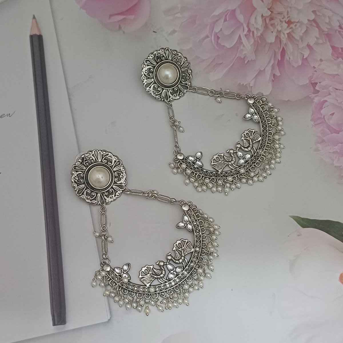 Oxidised Chandelier Earrings with Moti Work Long