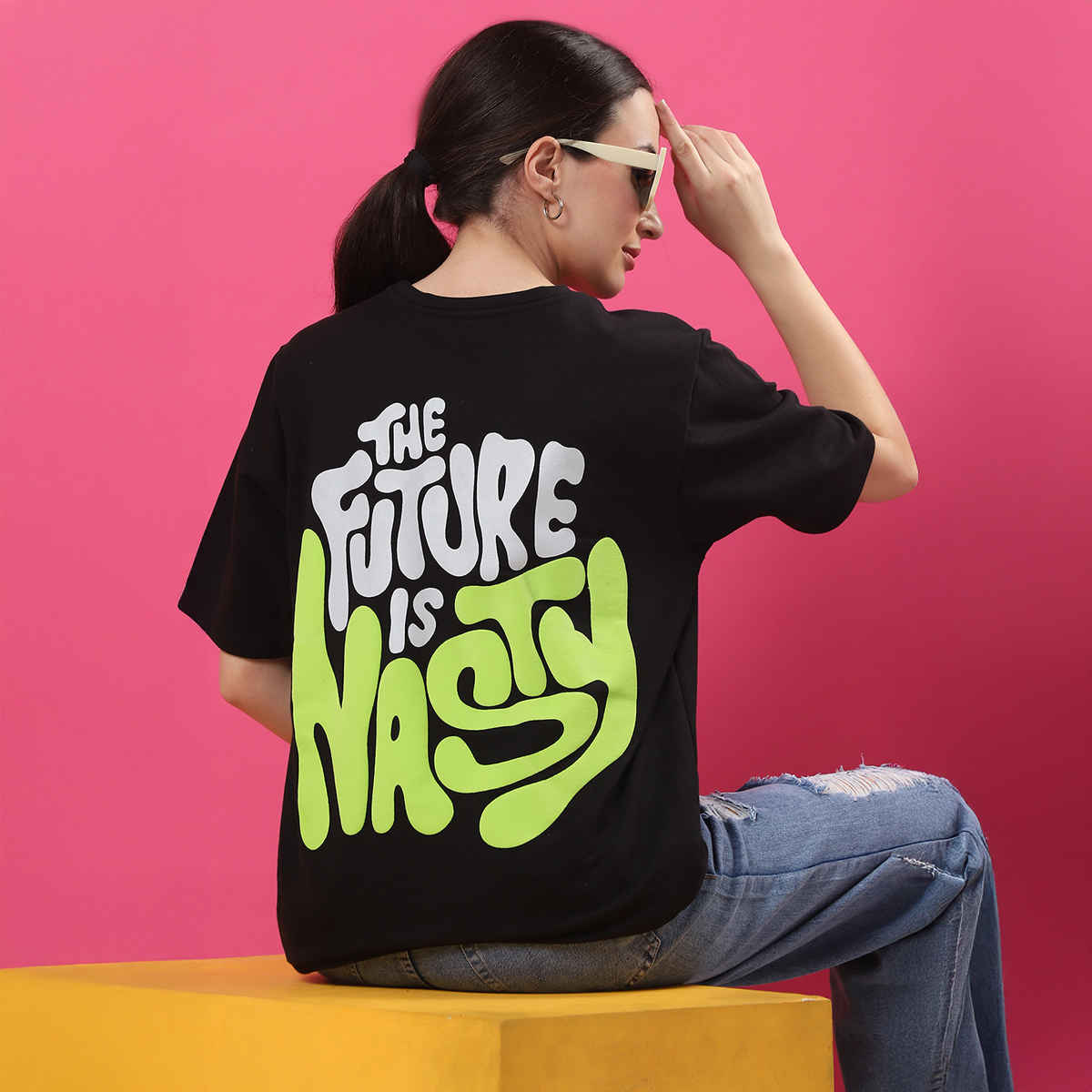 Rigo Women Terry Oversized Back Printed T-shirt | Black - M