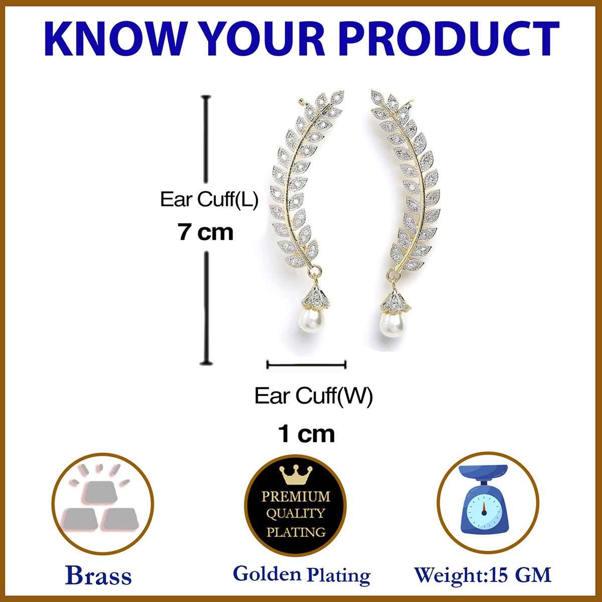 Zeneme Gold Plated American Diamond Leaf Shape Ear Cuff Earring Jewellery For Women & Girls