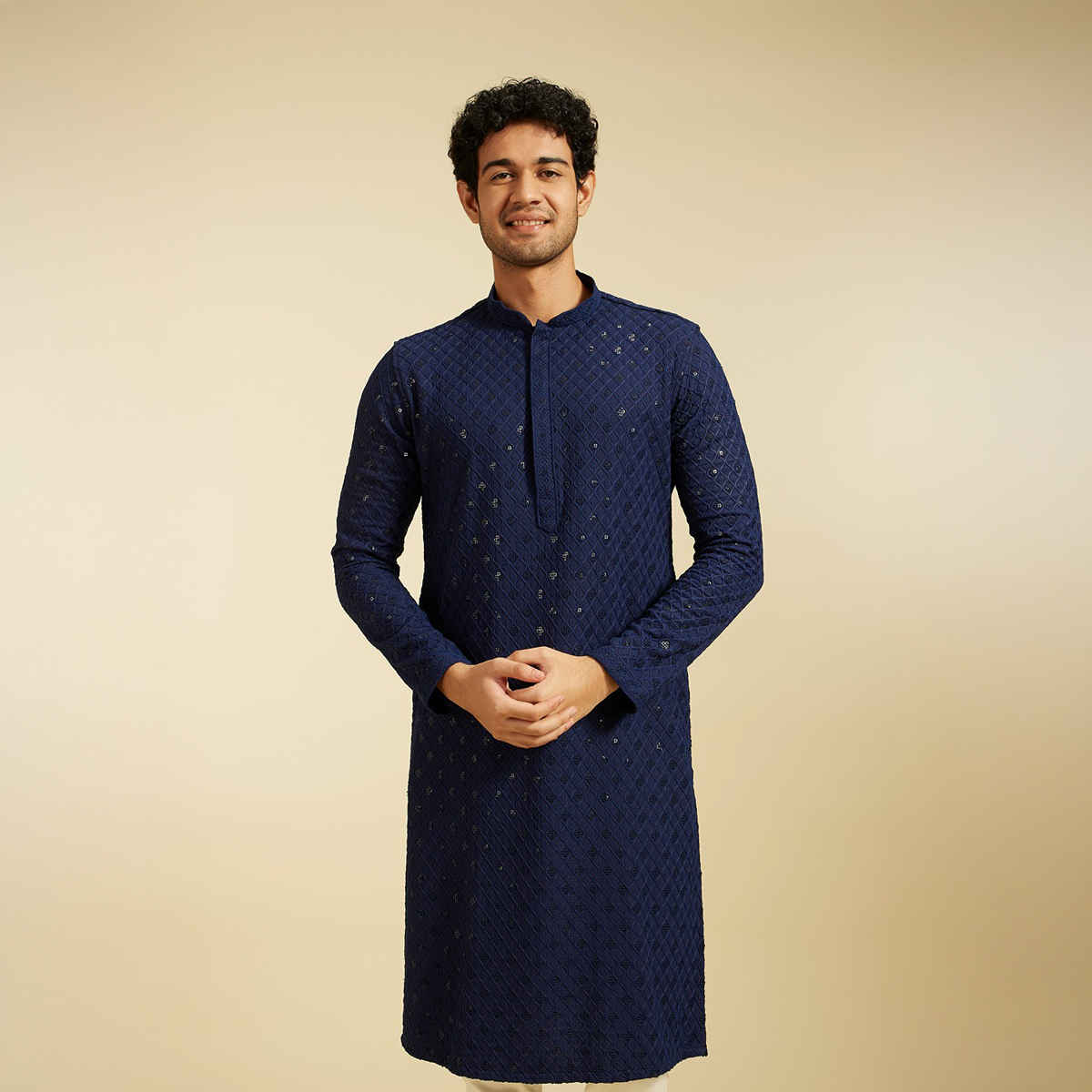 Diwas By Manyavar Men's Chikankari Kurta With Sequins | Navy Blue - S