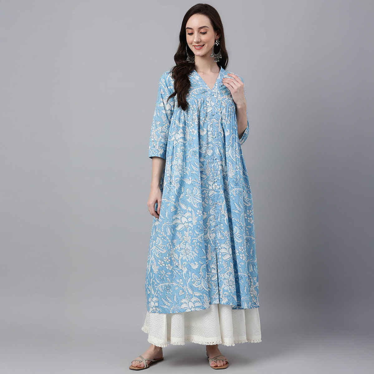 Janasya Women's Sky Blue Pure Cotton Floral Printed Flared Kurta | M