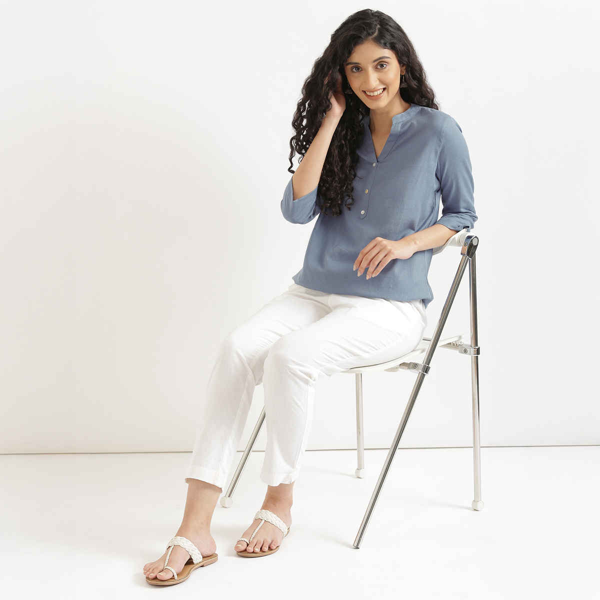 Saadaa Women Short Airy Linen Kurta | English Blue | S