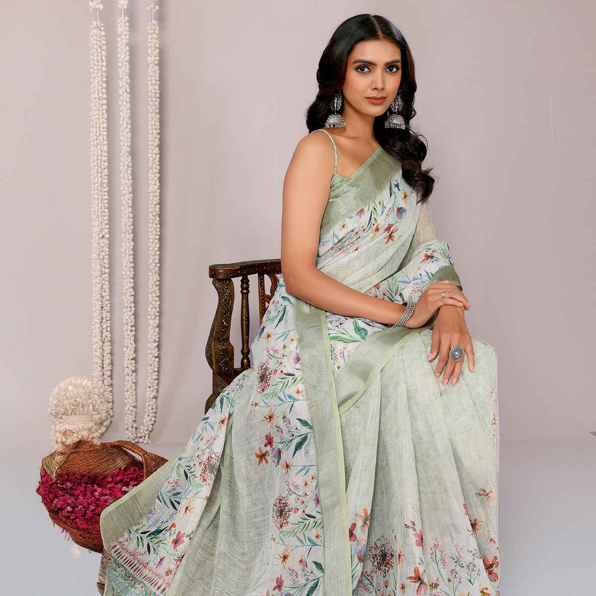 Janasya Women's Cotton Linen Floral Printed Saree with Blouse Piece | SAR447 | Light Green