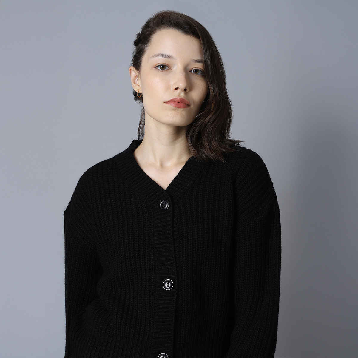 High Star Women's Ribbed Acrylic Cardigan | Black - L