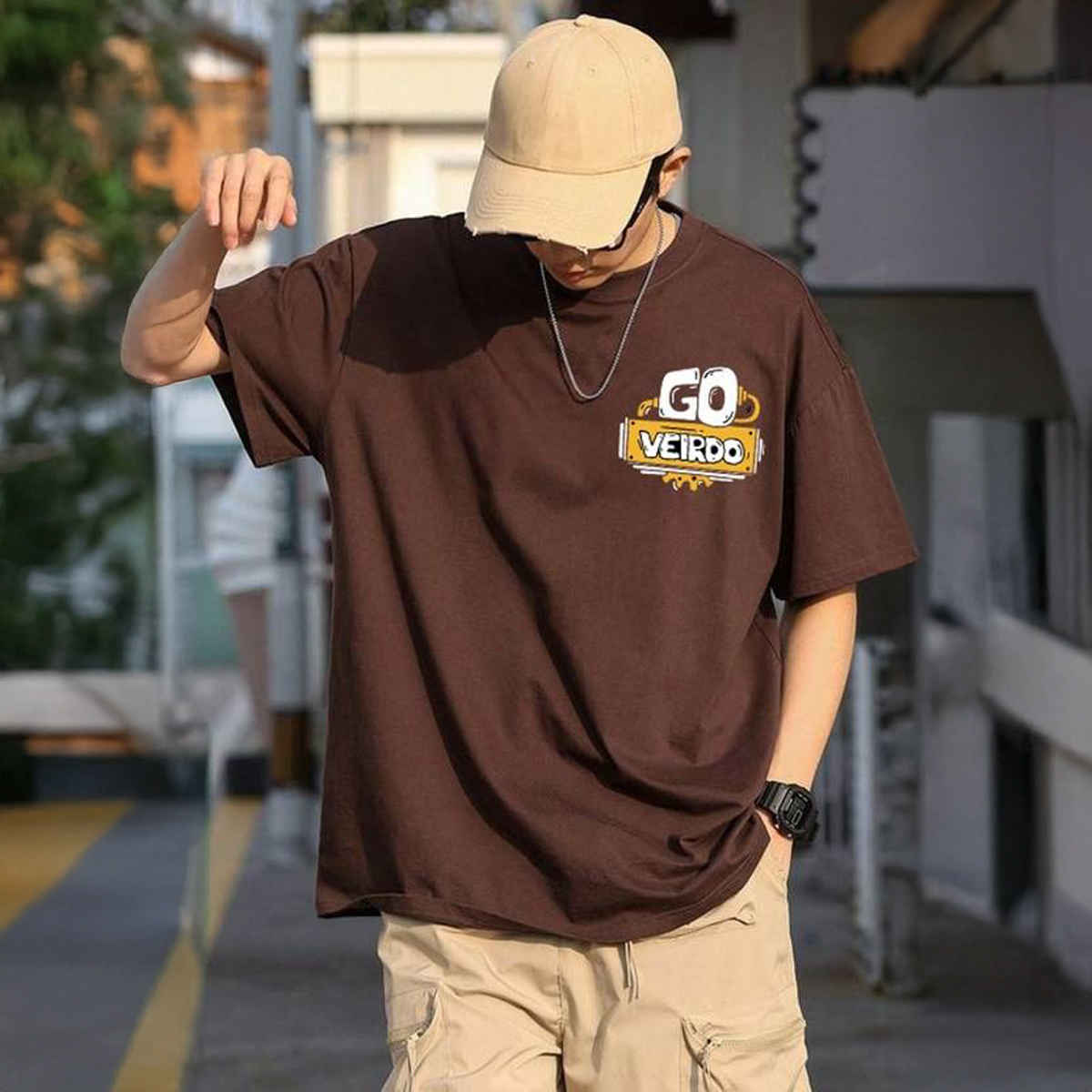 VEIRDO Men's Printed Oversized T-shirt | OS 100 GOVEIRDO B | Brown - L