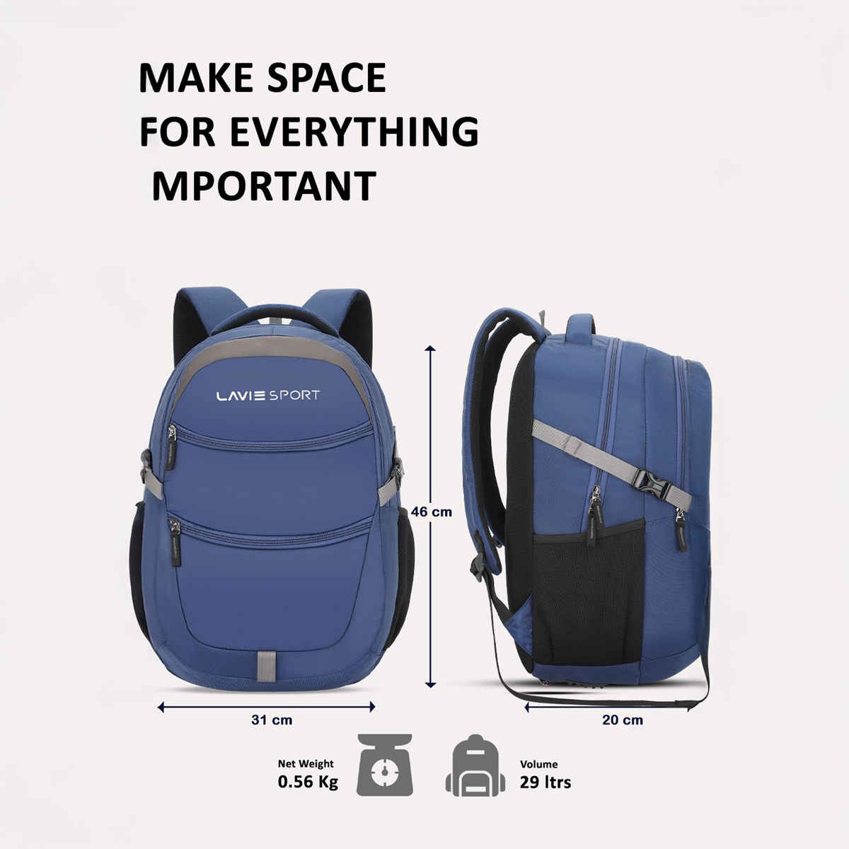 Lavie Sport Unisex Solid Polyester Padded Grab Handle Laptop Backpack | Navy | M (31 x 20 x 46 cm)