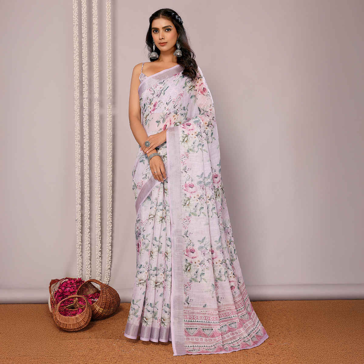 Janasya Women's Cotton Linen Floral Printed Saree with Blouse Piece | SAR445 | Lavender