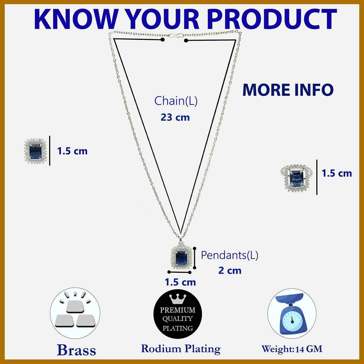 Zeneme Rhodium Plated AD Studded Princess Cut Crytsal Blue Necklace Earrings & Ring For Women