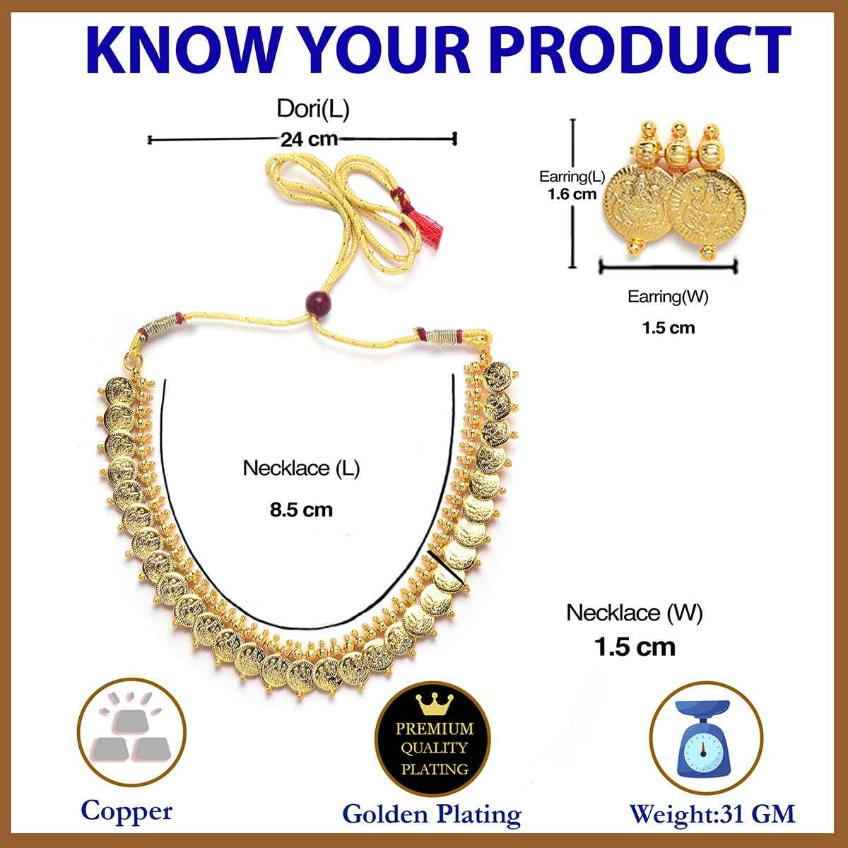 Zeneme Gold Plated Laxmi Temple Coin Necklace Set With Earrings Jewellery For Women & Girls