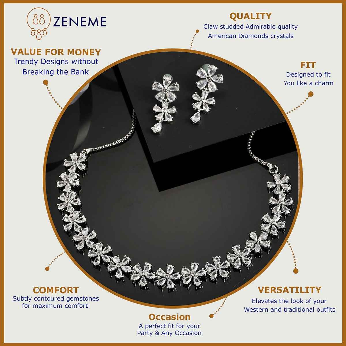 Zeneme Silver-Toned & White AD Stone-Studded Rhodium-Plated Jewellery Set For Women & Girls
