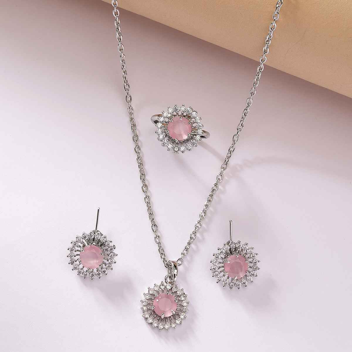 Zeneme Rhodium-Plated Pink AD Crystal Round Necklace Earrings Ring For Women & Girls