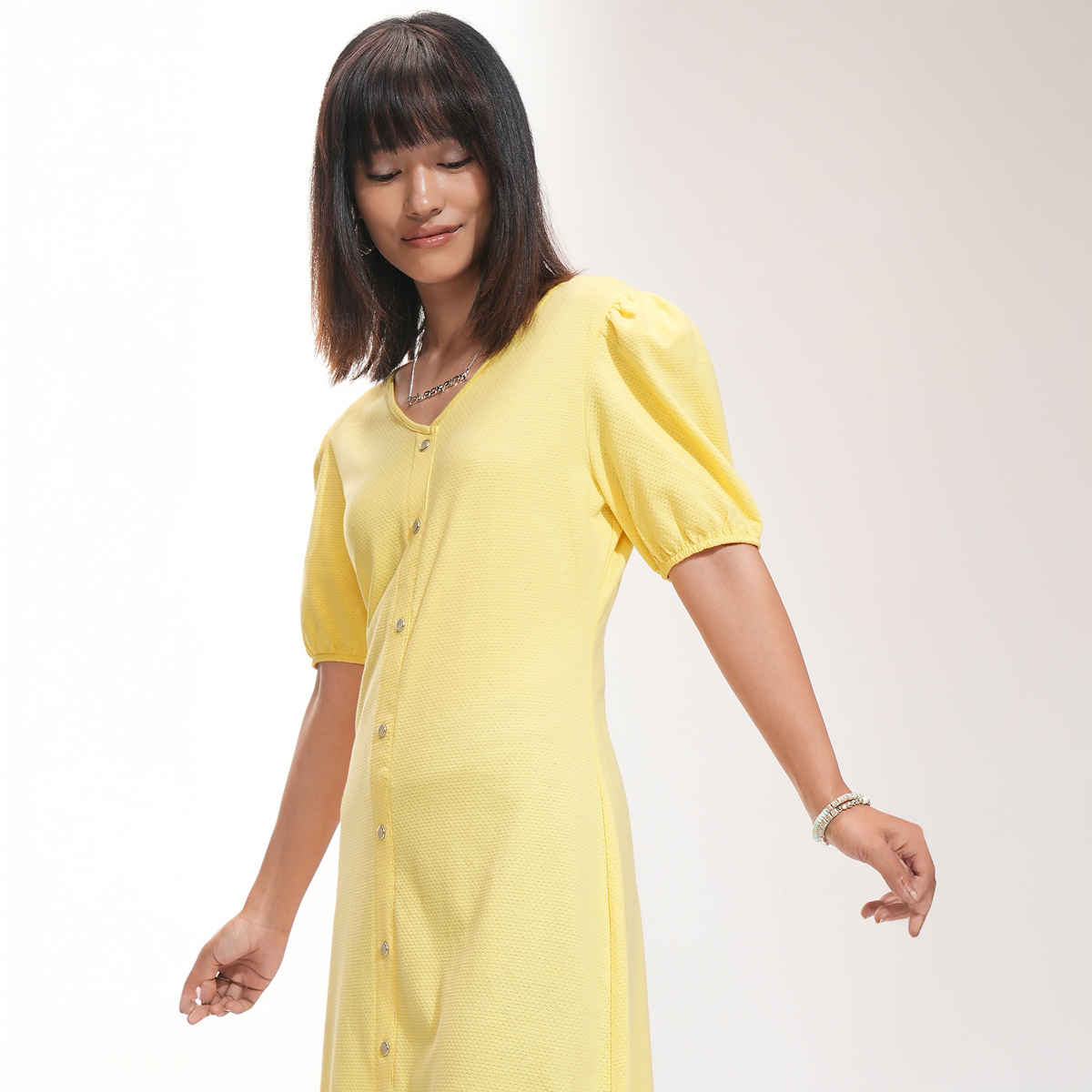 Tokyo Talkies Women's Yellow Textured A-Line Knitted Mini Dress | Yellow | M