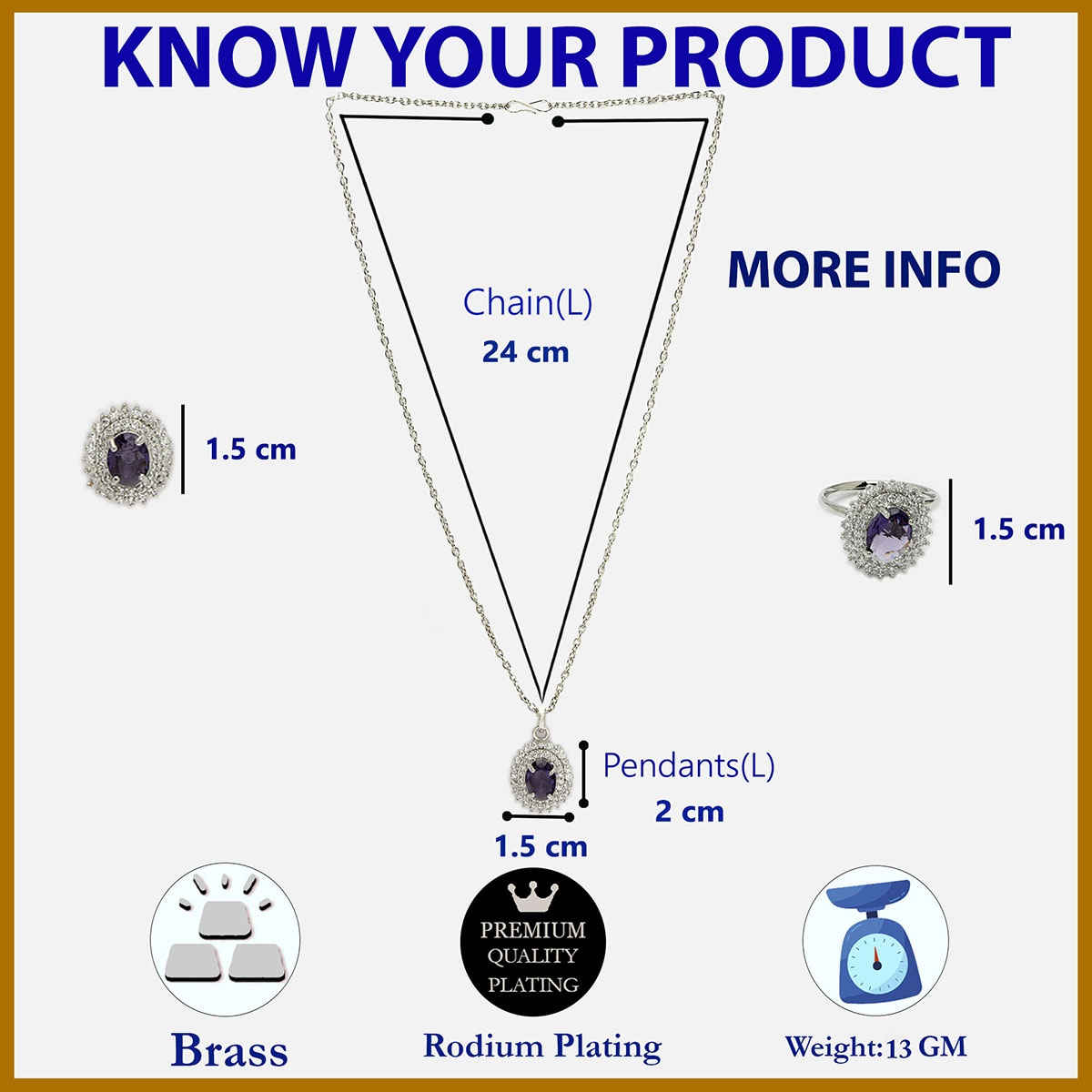 Zeneme Rhodium-Plated Blue AD-CZ Oval Halo Necklace Earrings Ring For Women & Girls