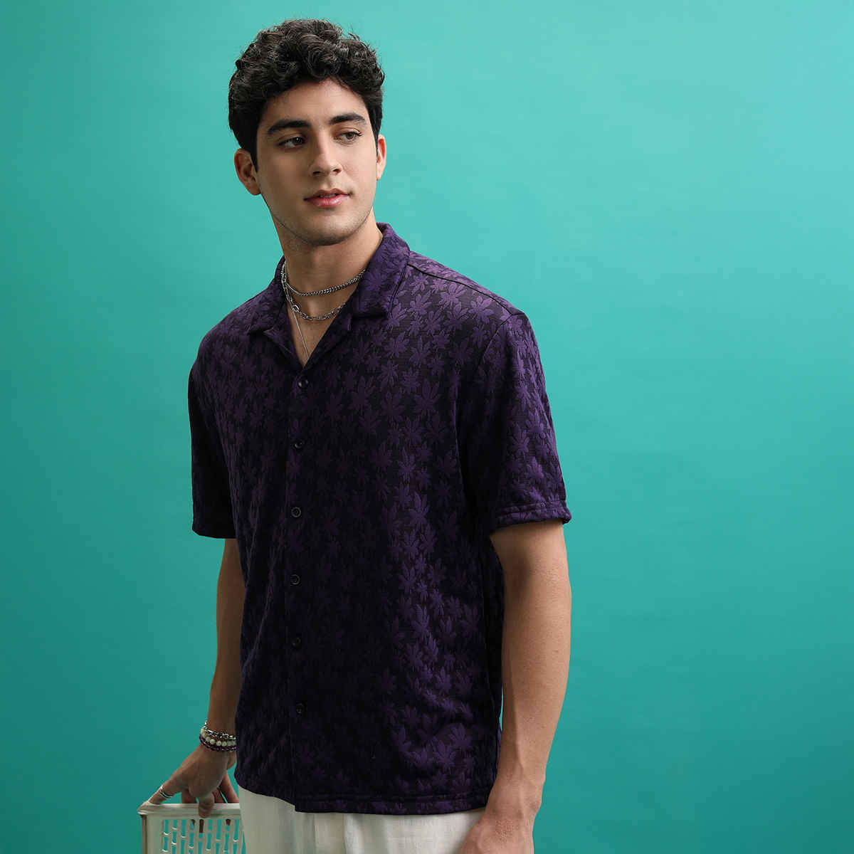 HIGHLANDER Men's Self Design Relax Fit Shirt | Violet - L