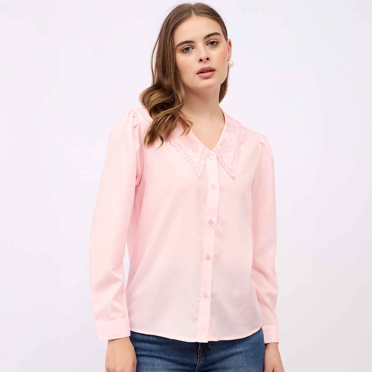 Styli Women's Casual Wear Self Design Slim Collar Long Sleeves Regular Fit Shirts | Pink - M