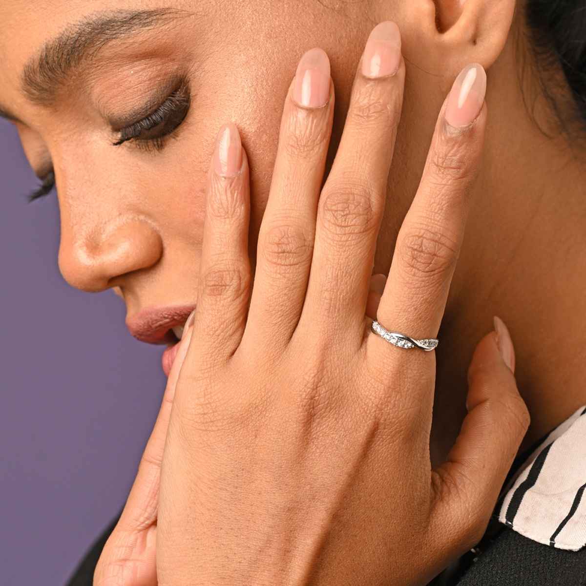 Clara Pure 925 Sterling Silver Twist Finger Ring | Adjustable Band | Swiss Zircon | Rhodium Plated