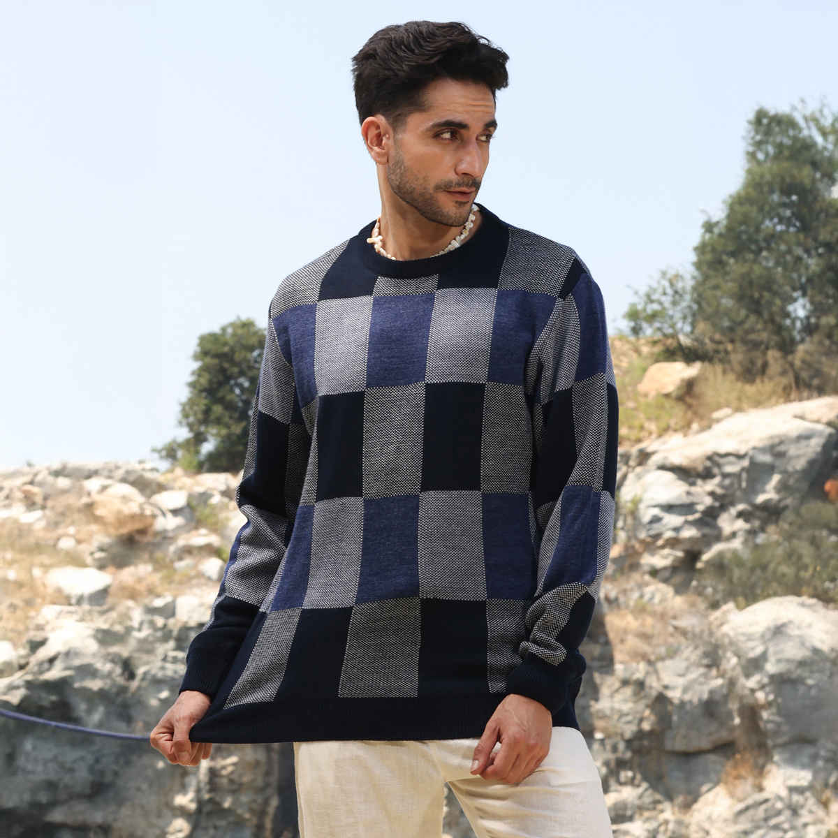 Campus Sutra Men's Block Check Pullover Sweater | Blue - L