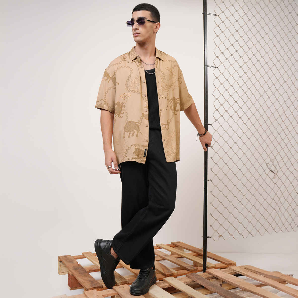 Ketch Mens Printed Oversized Shirt | Beige - L