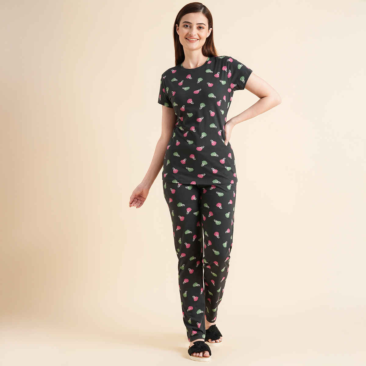 Sweet Dreams Women Printed Half Sleeves Top & Bottom Set Dark Green - L