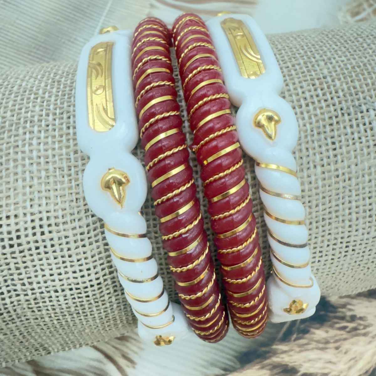 The Opal Factory | Sakha Pola | Gold Line Plastic Bangle | White and Red - 2.4
