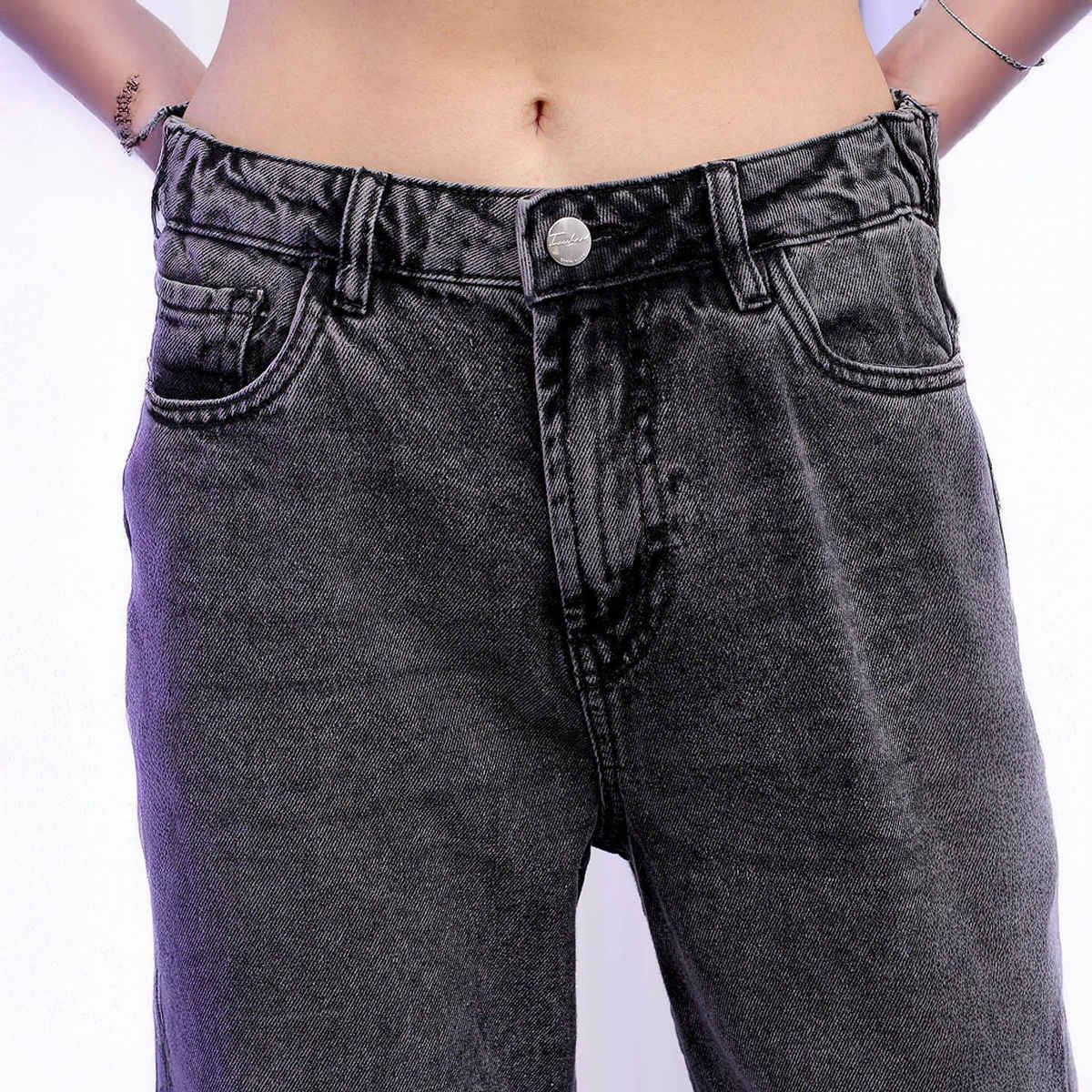Freehand Women's High Waist Distressed Straight Fit Torn Denim Jeans | Grey - 32