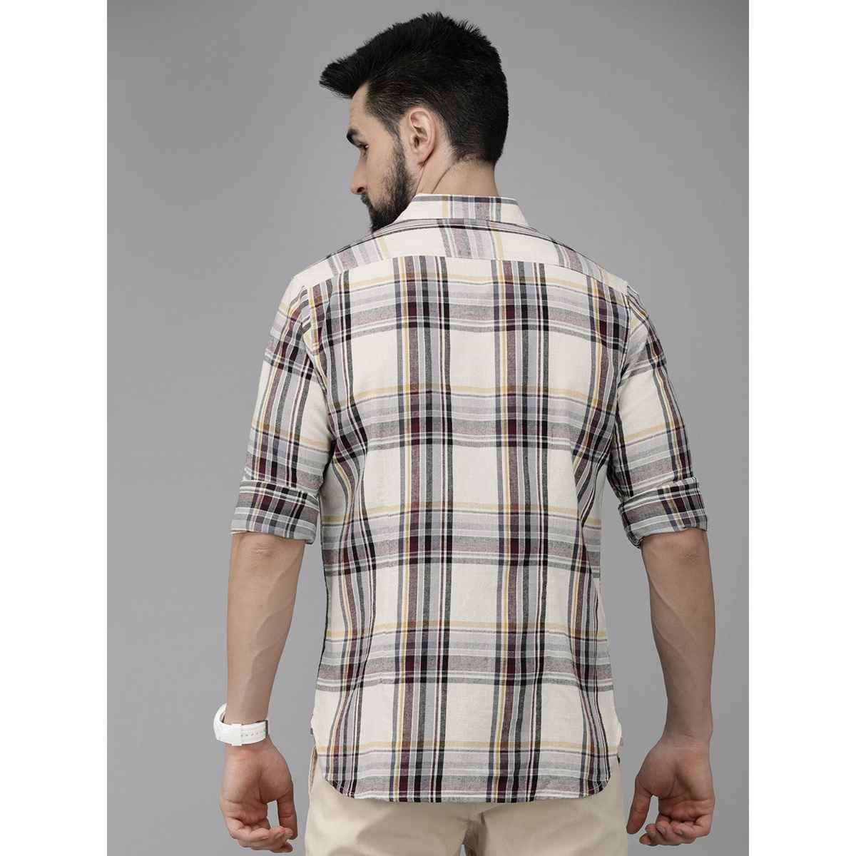 The Bear House Men Slim Fit Checked Flannel Cotton Casual Shirt - Fresia | White and Purple | XL