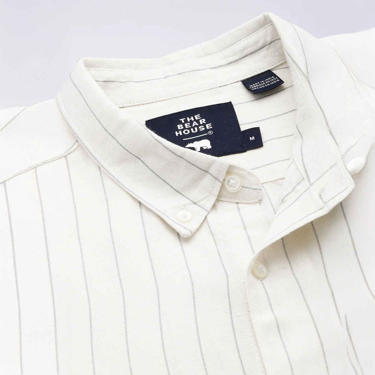 The Bear House Men Slim Fit Striped Cotton Linen Casual Shirt - Wydal | White | L