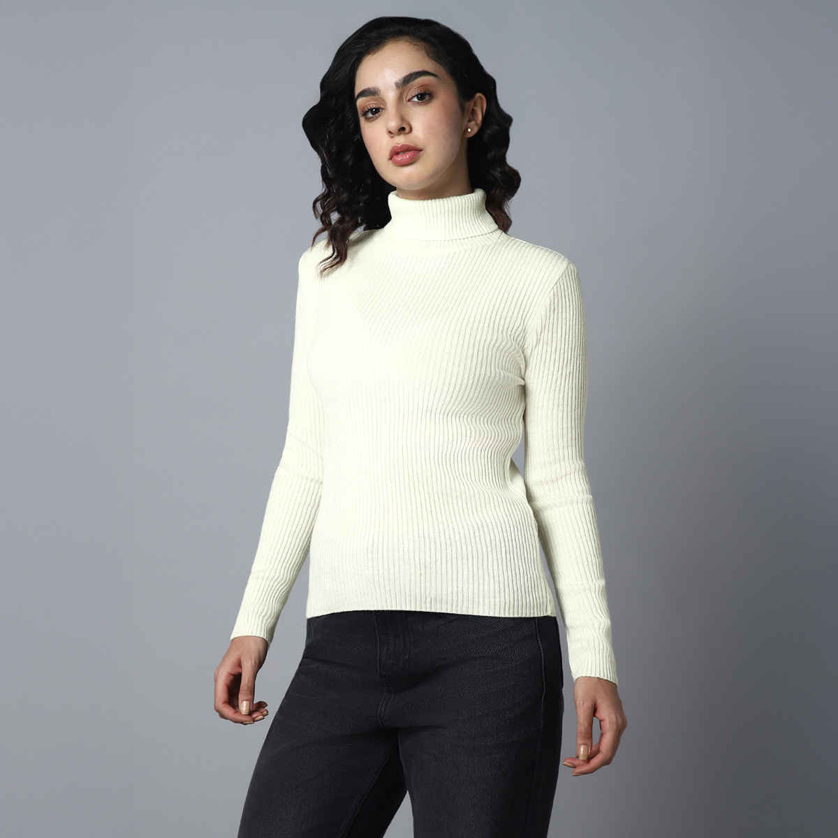 High Star Women's Ribbed Turtle Neck Long Sleeves Acrylic Pullover Sweater | White - XL
