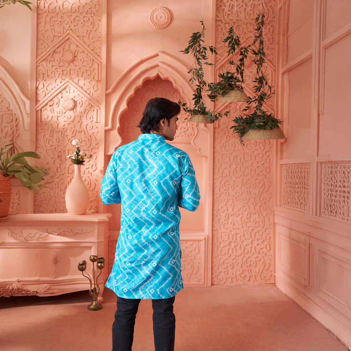 House Of Festivals Men's Printed Cotton Blend Tie & Die Look Long Kurta | Blue - M