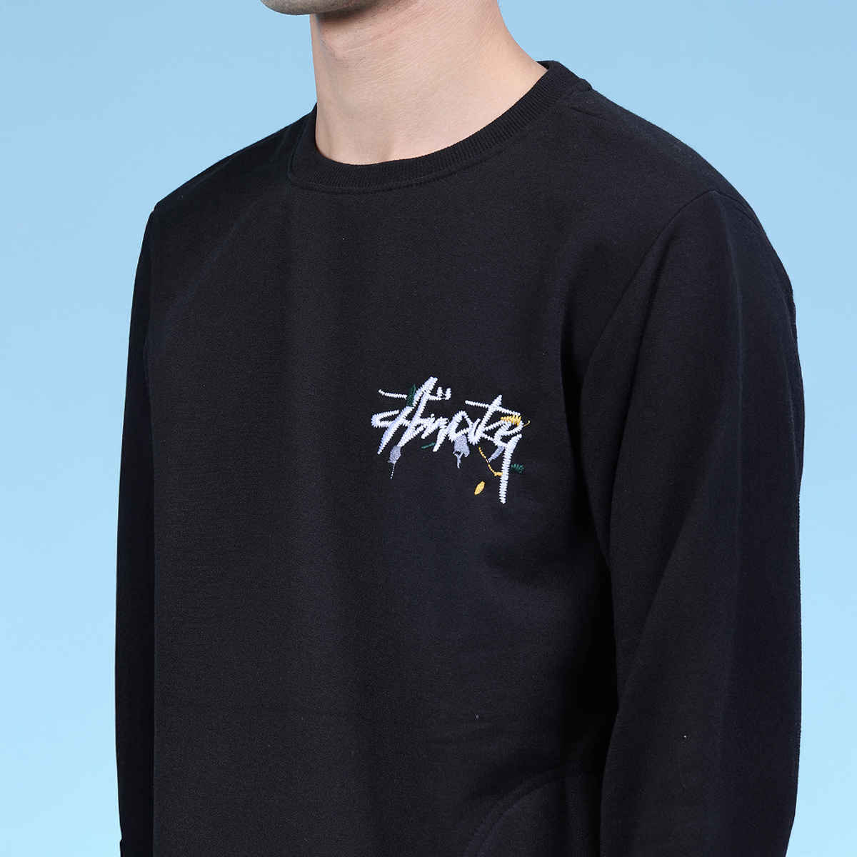 V-Mart Men's Printed Fleece Round Neck Sweatshirt | Black - L