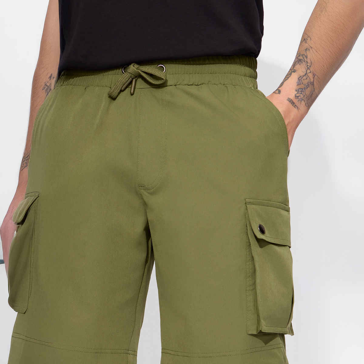 The Souled Store Men's Solids Cargo Shorts | Military Olive - 2XL