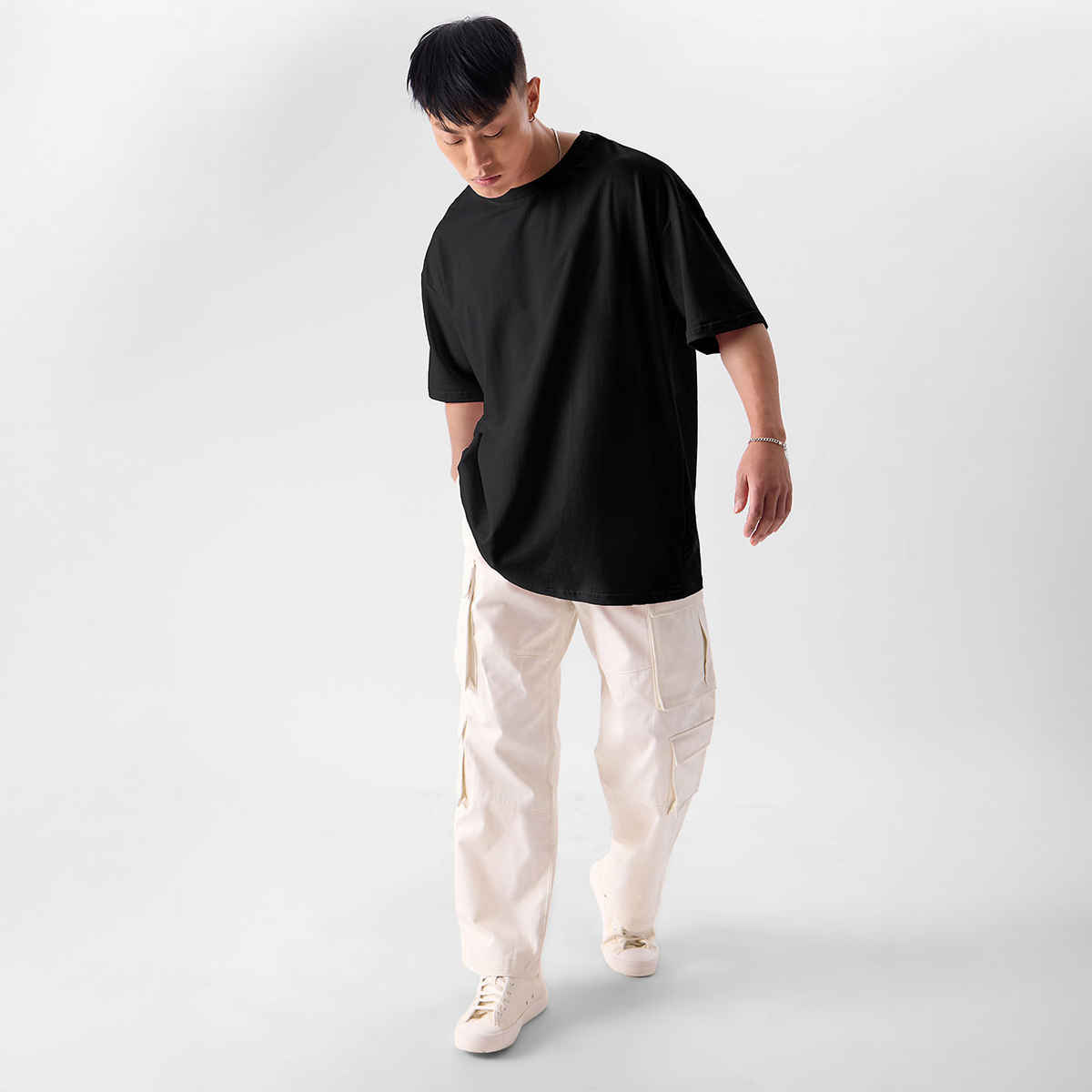 The Souled Store Men's Solids Black Oversized T-shirt | Black - 2XL