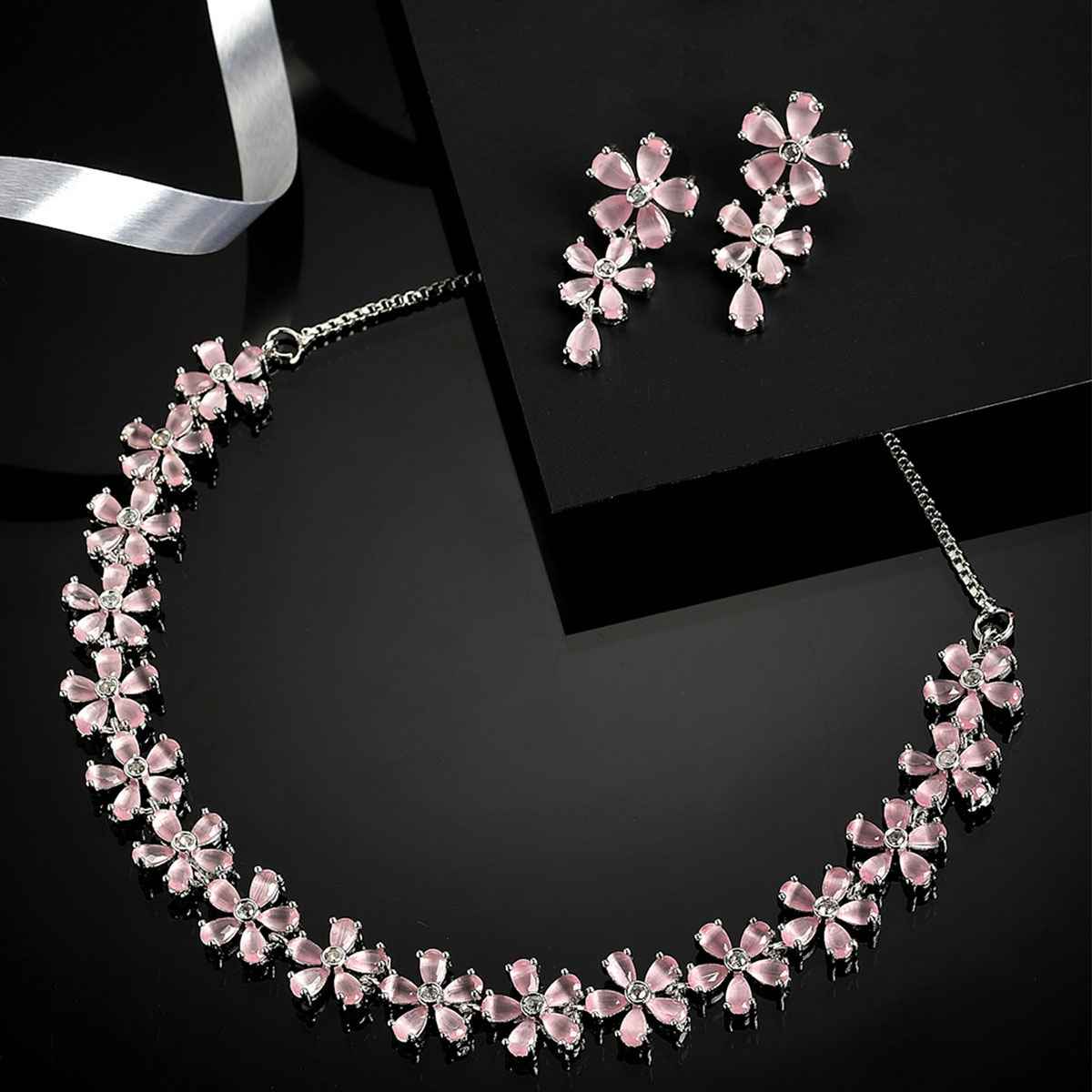 Zeneme Rhodium Plated AD Flower Shaped Jewellery Set For Women & Girls