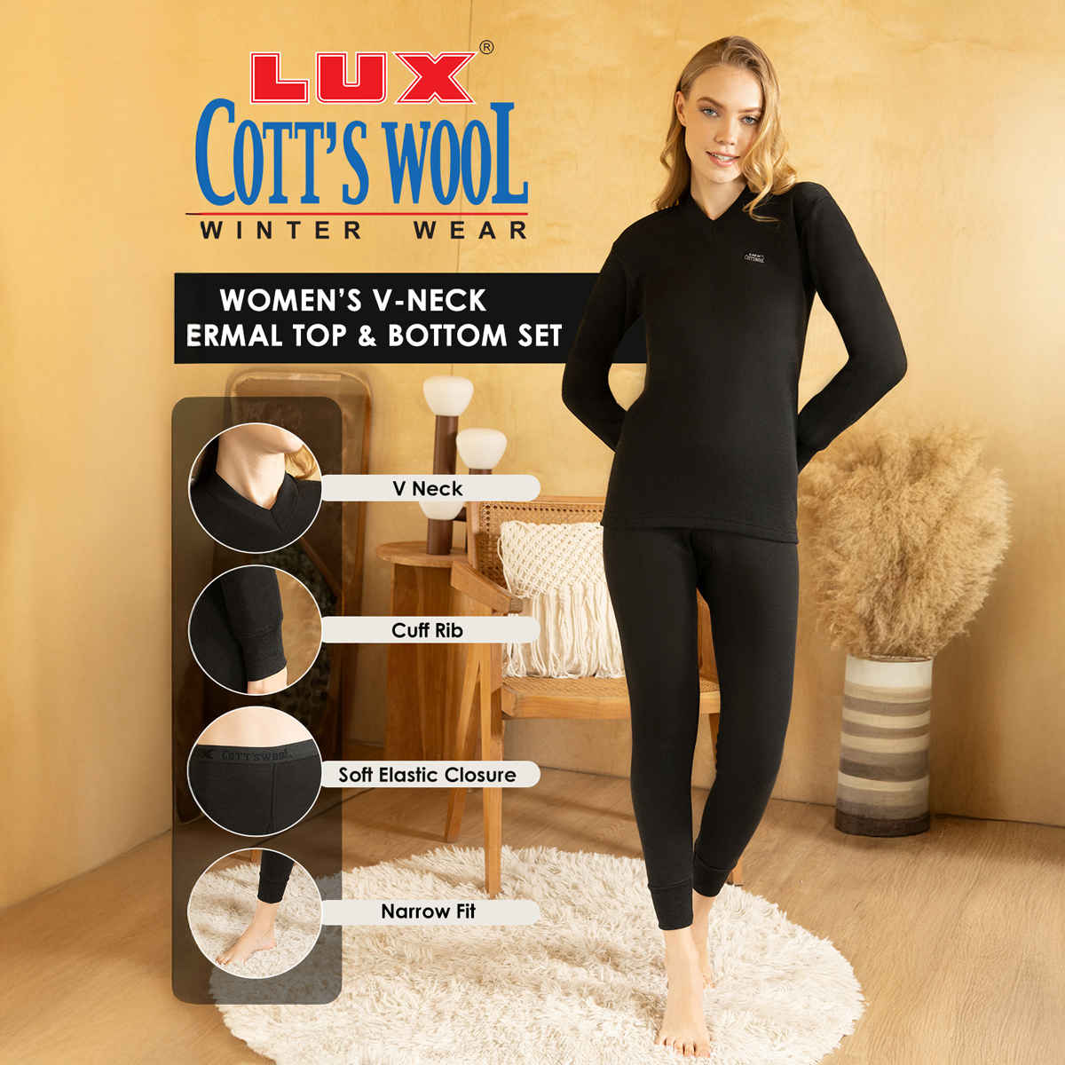 Lux Cottswool Women's Thermal Set For Embrace Warmth and Style Black - 80CM