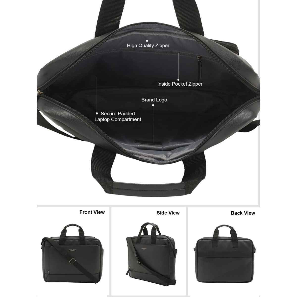 Police Unisex Solid Vegan Leather 15.6 L Laptop Briefcase Bag | Black - 15.6 Inches