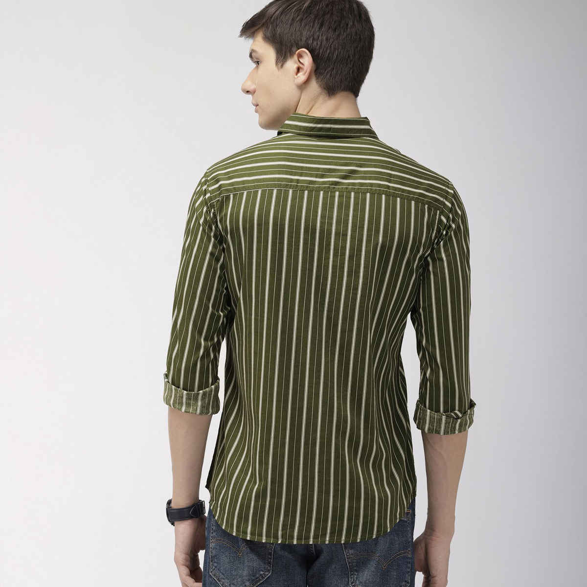 The Indian Garage Co Men's Slim Fit Multi Stripes Casual Shirt | Olive - S