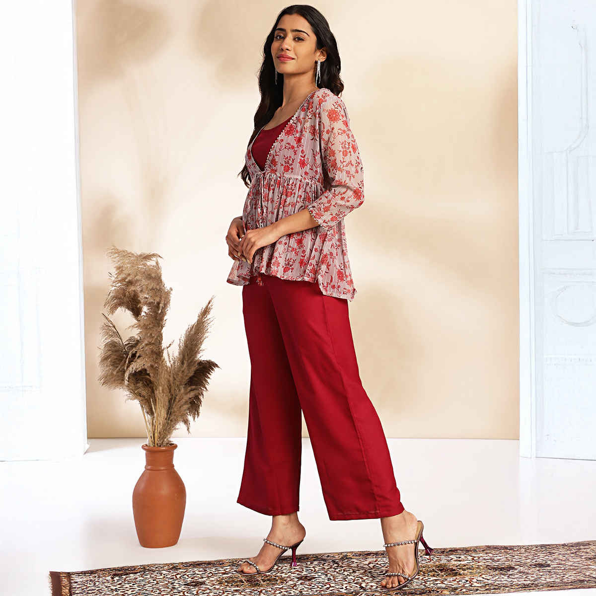 Janasya Women's Wine Crepe Solid Crop Top with Pant and Jacket - S