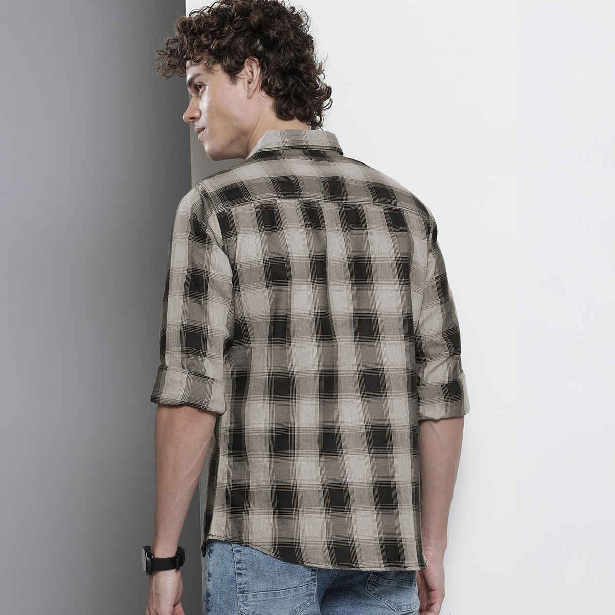 The Indian Garage Co Men's Slim Fit Checkered Casual Shirt | Grey - XL