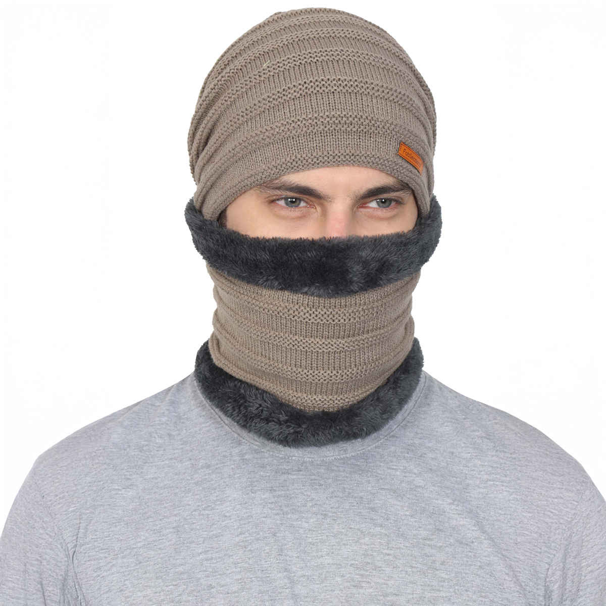 Fabseasons Acrylic Woolen Combo Of Beanie Skull Cap and Muffler With Faux Fur Lining | Light Brown
